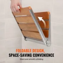 VEVOR Folding Oak Shower Seat, 16.1" x 13.4" Unfolded, Wall Mounted Fold Up Shower Bench with 440 lbs Load Capacity, Space Saving Home Care Fold Down Shower Chair, for Seniors Pregnant Women Children