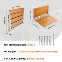 VEVOR Folding Teak Shower Seat, 20.9 x 16'' Unfolded, Wall Mounted Fold Up Shower Bench with 500 lbs Load Capacity, Space Saving Home Care Fold Down Shower Chair, for Seniors Pregnant Women Children