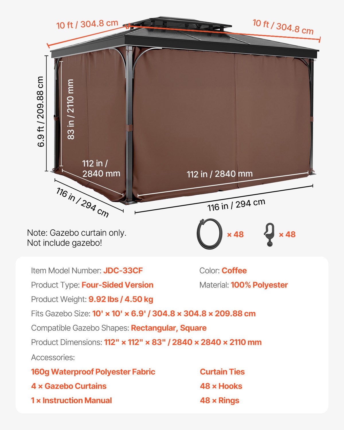 VEVOR Gazebo Curtains Outdoor, Fit Most 10' x 10' x 6.9' Gazebos, 4-Panel Sidewall Gazebo Privacy Curtains with Zippers, Outdoor Curtain Replacement for Patio Canopy, Only Curtain, Coffee