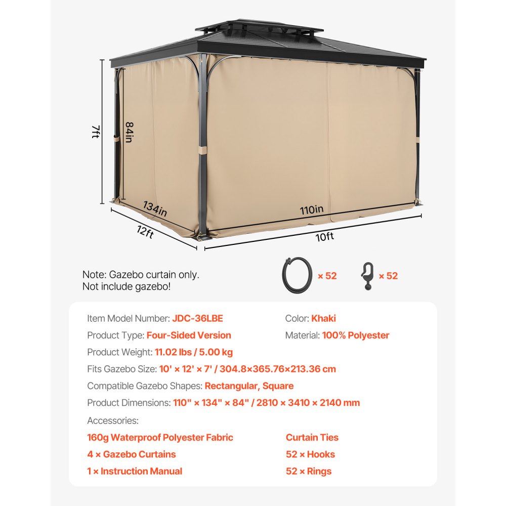 VEVOR Gazebo Curtains Outdoor, 12' x 10' x 7' Gazebos, 4-Panel Sidewall Gazebo Privacy Curtains with Zippers, Outdoor Curtain Replacement for Patio Canopy, Only Curtain, Khaki