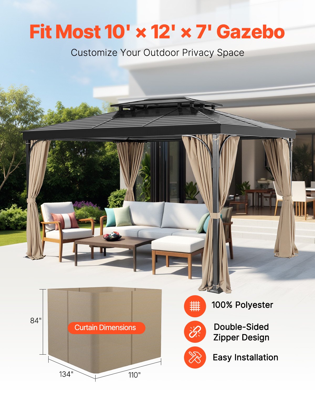 VEVOR Gazebo Curtains Outdoor, 12' x 10' x 7' Gazebos, 4-Panel Sidewall Gazebo Privacy Curtains with Zippers, Outdoor Curtain Replacement for Patio Canopy, Only Curtain, Khaki