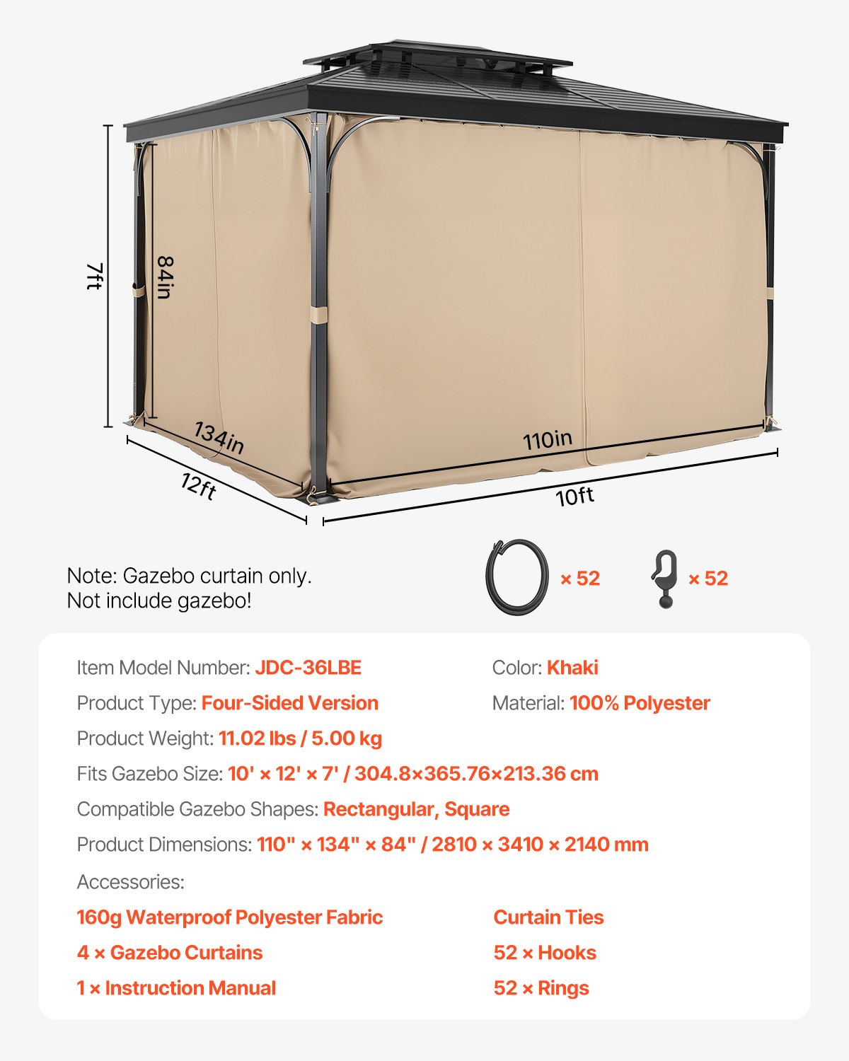 VEVOR Gazebo Curtains Outdoor, 12' x 10' x 7' Gazebos, 4-Panel Sidewall Gazebo Privacy Curtains with Zippers, Outdoor Curtain Replacement for Patio Canopy, Only Curtain, Khaki