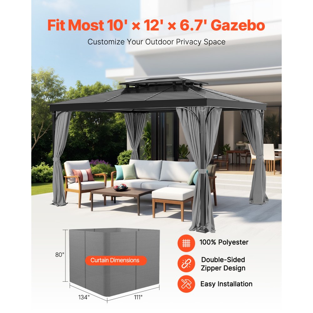 VEVOR Gazebo Curtains Outdoor, 12' x 10' x 6.7' Gazebos, 4-Panel Sidewall Gazebo Privacy Curtains with Zippers, Outdoor Curtain Replacement for Patio Canopy, Only Curtain, Gray
