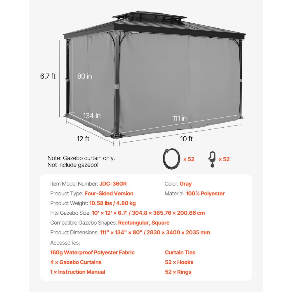 VEVOR Gazebo Curtains Outdoor, 12' x 10' x 6.7' Gazebos, 4-Panel Sidewall Gazebo Privacy Curtains with Zippers, Outdoor Curtain Replacement for Patio Canopy, Only Curtain, Gray