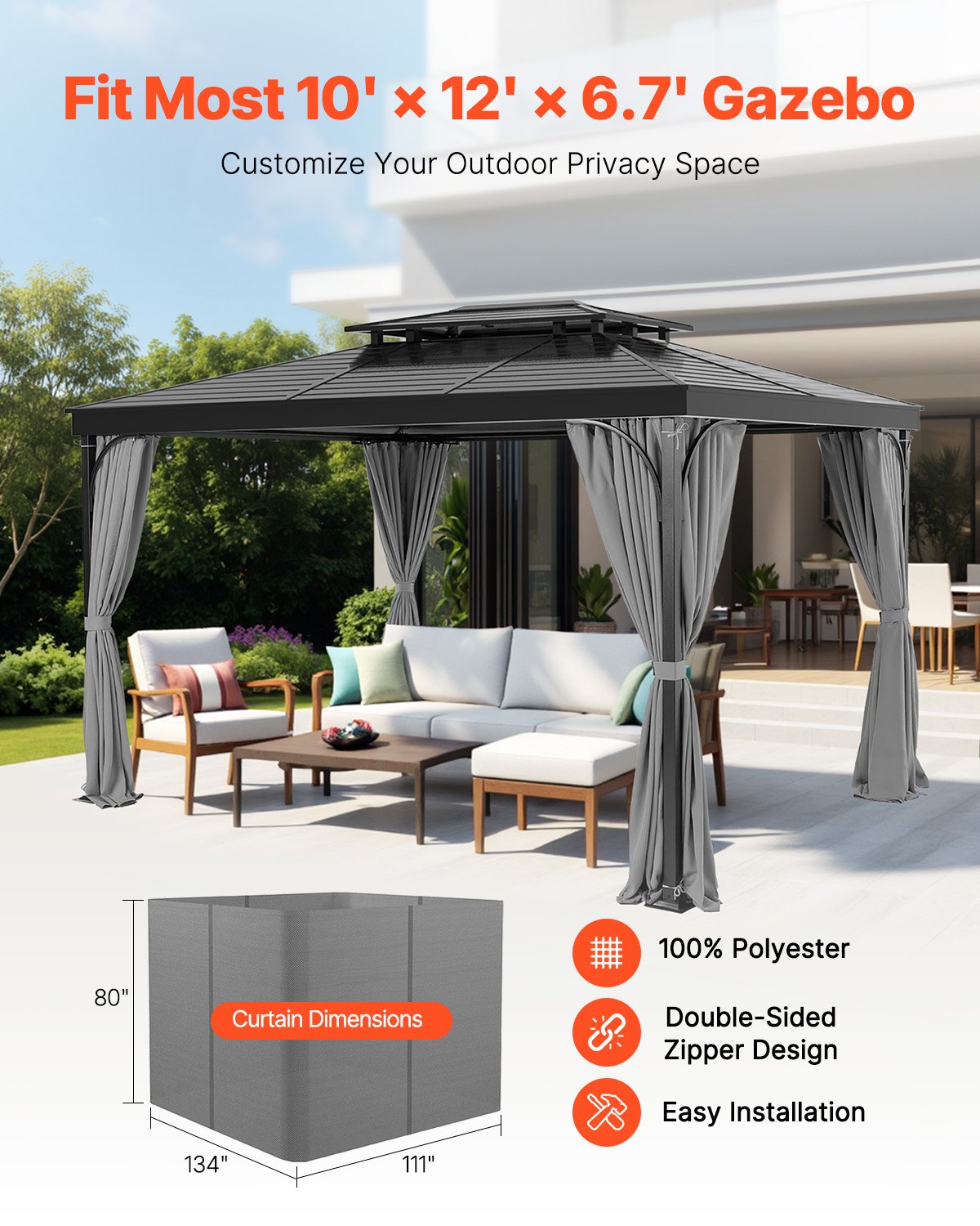 VEVOR Gazebo Curtains Outdoor, 12' x 10' x 6.7' Gazebos, 4-Panel Sidewall Gazebo Privacy Curtains with Zippers, Outdoor Curtain Replacement for Patio Canopy, Only Curtain, Gray