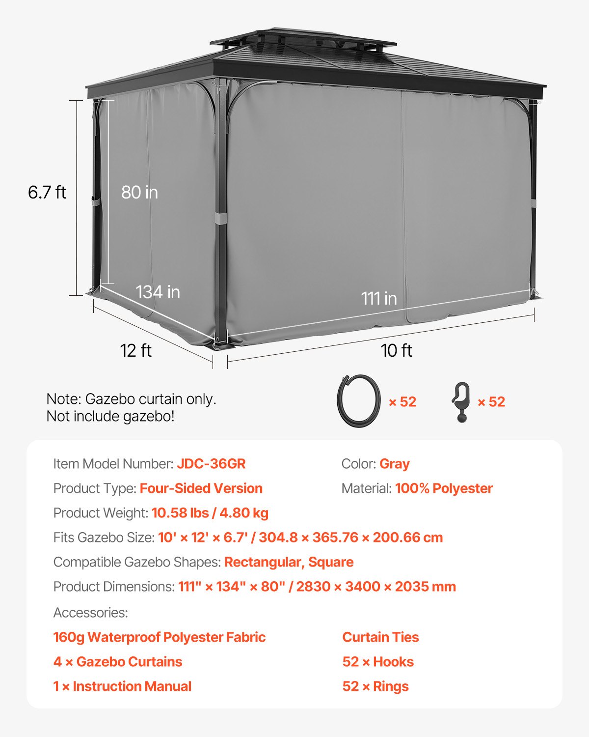 VEVOR Gazebo Curtains Outdoor, 12' x 10' x 6.7' Gazebos, 4-Panel Sidewall Gazebo Privacy Curtains with Zippers, Outdoor Curtain Replacement for Patio Canopy, Only Curtain, Gray