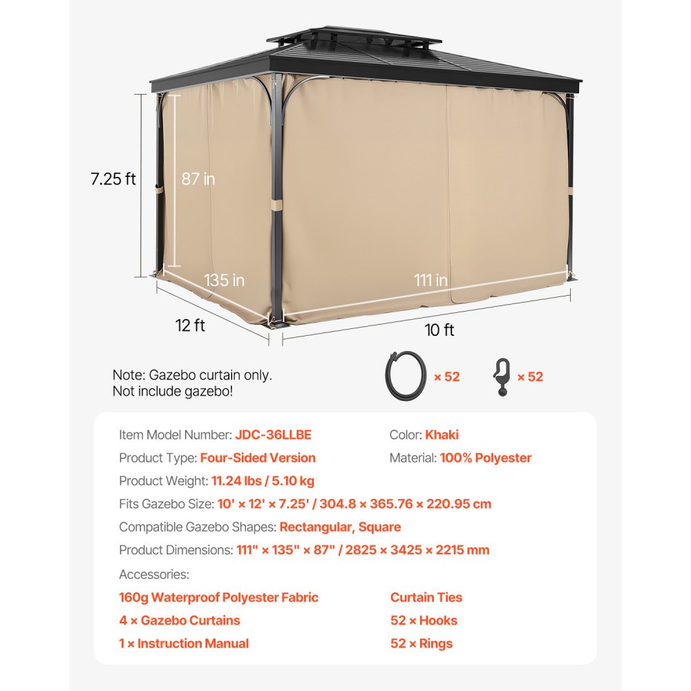 VEVOR Gazebo Curtains Outdoor, 12' x 10' x 7.3' Gazebos, 4-Panel Sidewall Gazebo Privacy Curtains with Zippers, Outdoor Curtain Replacement for Patio Canopy, Only Curtain, Khaki