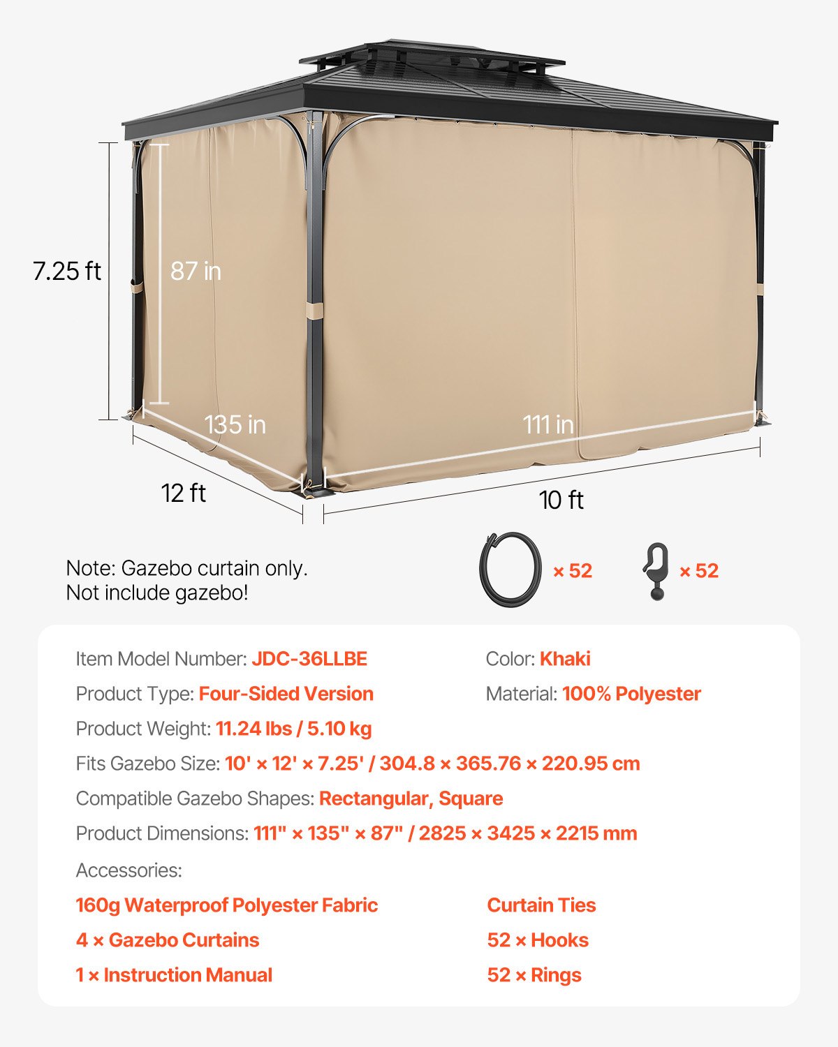 VEVOR Gazebo Curtains Outdoor, 12' x 10' x 7.3' Gazebos, 4-Panel Sidewall Gazebo Privacy Curtains with Zippers, Outdoor Curtain Replacement for Patio Canopy, Only Curtain, Khaki