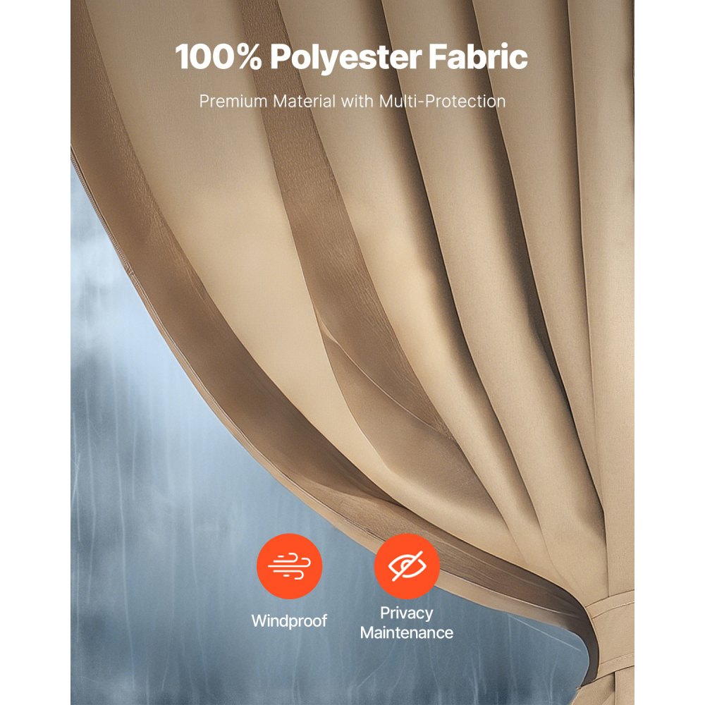 VEVOR paviljonggardiner utendørs, passer de fleste 12' x 10' x 6,7' paviljonger, 4-panels sidevegg paviljonggardiner med glidelåser, utendørs gardin erstatning for terrassetak, kun gardin, khaki