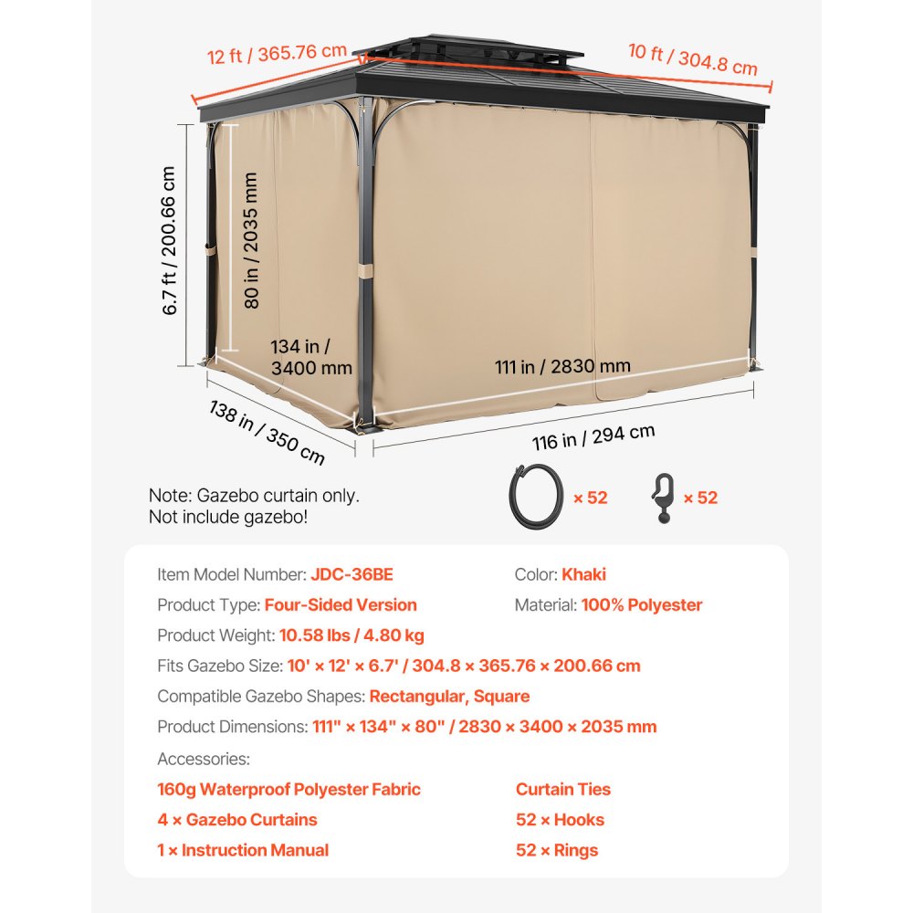 VEVOR paviljonggardiner utendørs, passer de fleste 12' x 10' x 6,7' paviljonger, 4-panels sidevegg paviljonggardiner med glidelåser, utendørs gardin erstatning for terrassetak, kun gardin, khaki