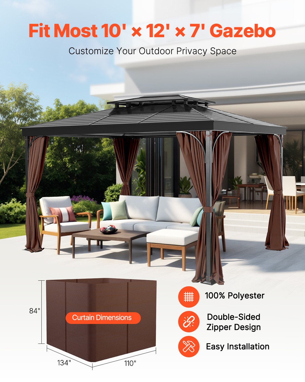 VEVOR Gazebo Curtains Outdoor, 12' x 10' x 7' Gazebos, 4-Panel Sidewall Gazebo Privacy Curtains with Zippers, Outdoor Curtain Replacement for Patio Canopy, Only Curtain, Coffee
