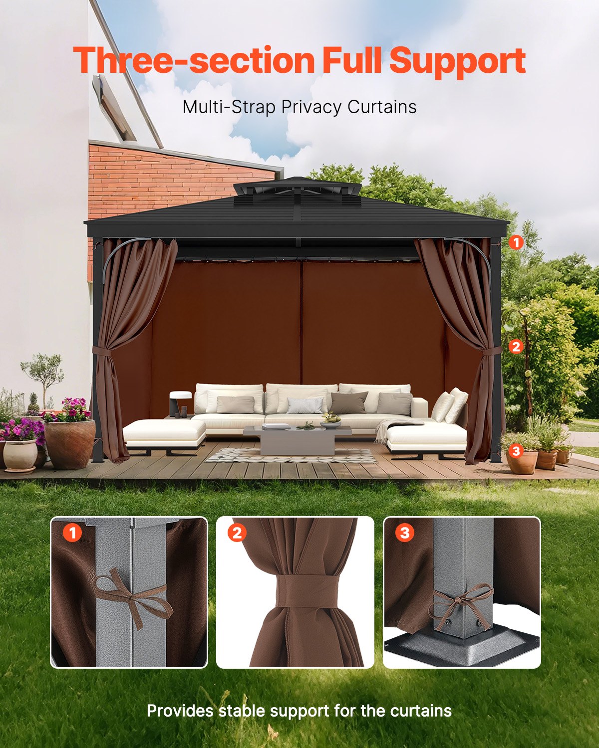 VEVOR Gazebo Curtains Outdoor, 12' x 10' x 7' Gazebos, 4-Panel Sidewall Gazebo Privacy Curtains with Zippers, Outdoor Curtain Replacement for Patio Canopy, Only Curtain, Coffee