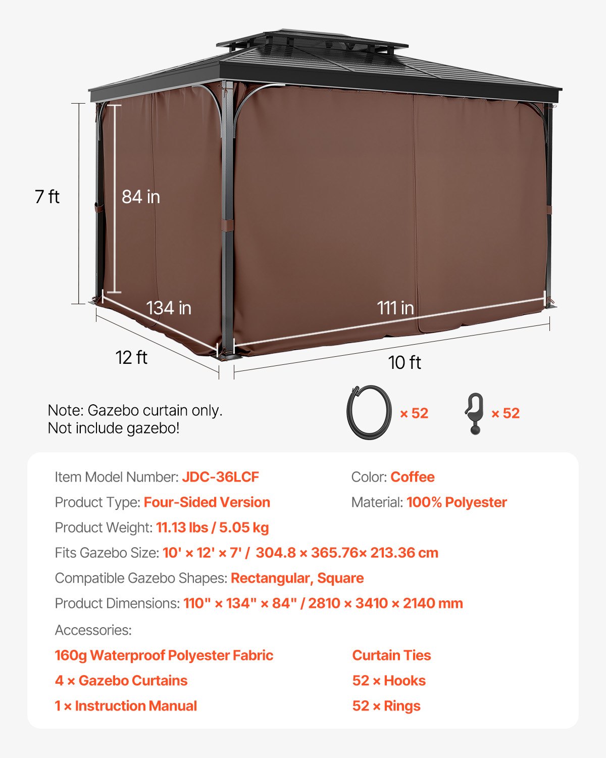 VEVOR Gazebo Curtains Outdoor, 12' x 10' x 7' Gazebos, 4-Panel Sidewall Gazebo Privacy Curtains with Zippers, Outdoor Curtain Replacement for Patio Canopy, Only Curtain, Coffee