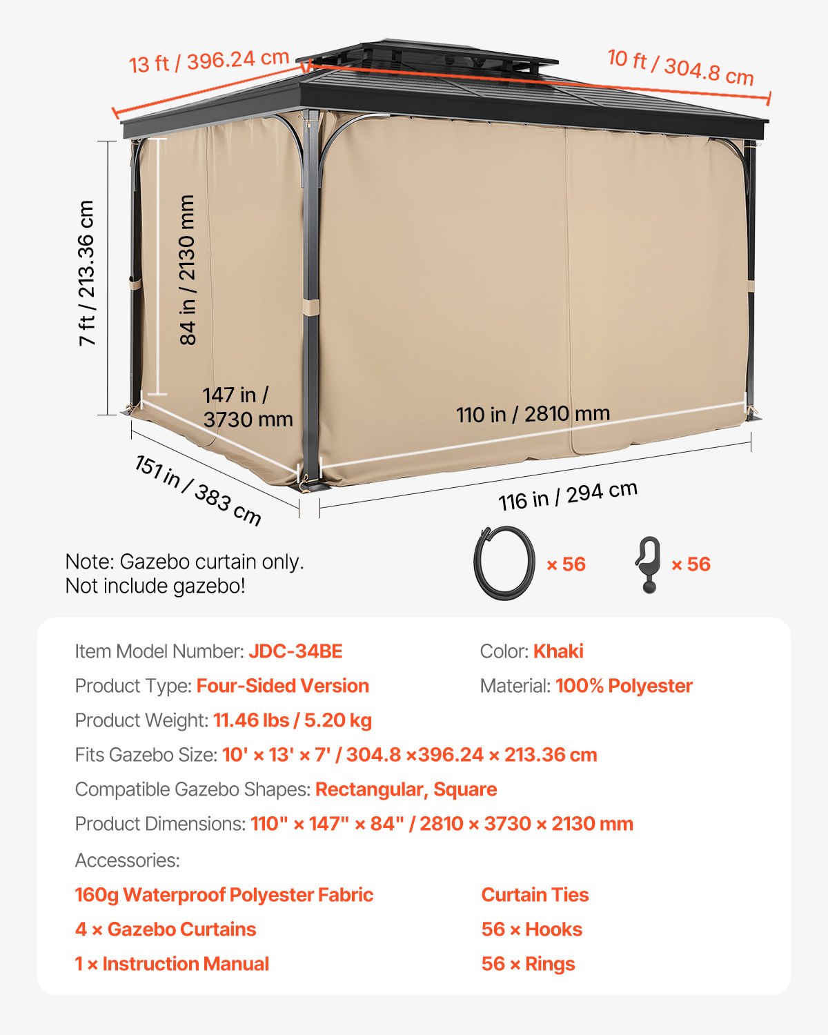 VEVOR Gazebo Curtains Outdoor, 13' x 10' x 7' Gazebos, 4-Panel Sidewall Gazebo Privacy Curtains with Zippers, Outdoor Curtain Replacement for Patio Canopy, Only Curtain, Khaki