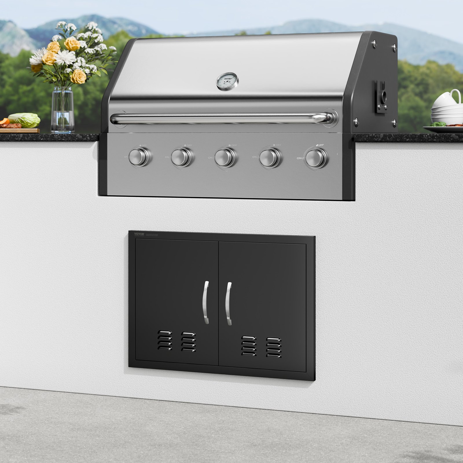 VEVOR BBQ Access Door, 762x533 mm Double Outdoor Kitchen Door, Cold Plate Flush Mount Door, Wall Vertical Door with Handles and Ventss, for BBQ Island, Grilling Station, Outside Cabinet