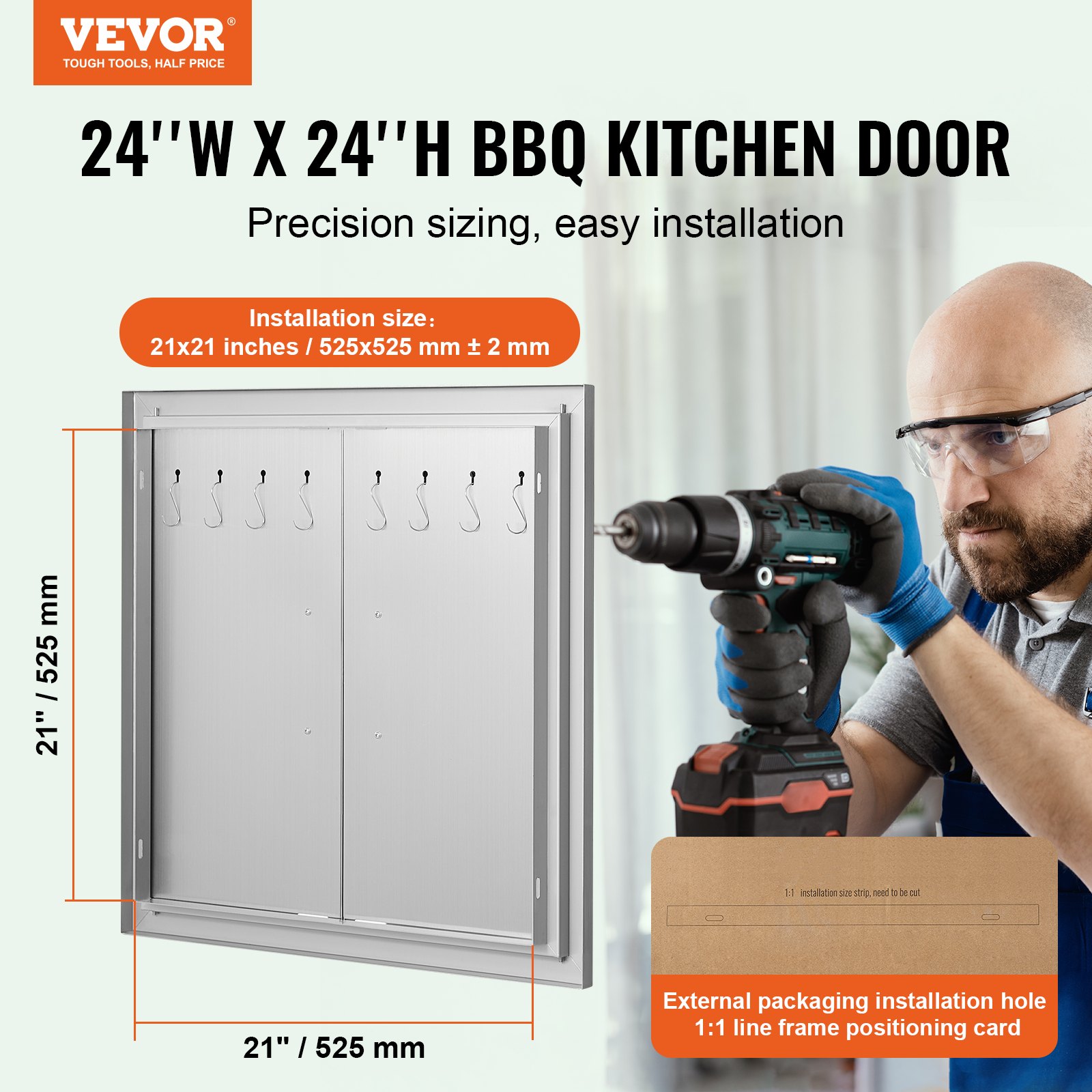 VEVOR BBQ Access Door, 610x610 mm Double Outdoor Kitchen Door, Stainless Steel Flush Mount Door, Double Wall Vertical Door with Handles and Hooks, for BBQ Island, Grilling Station, Outside Cabinet