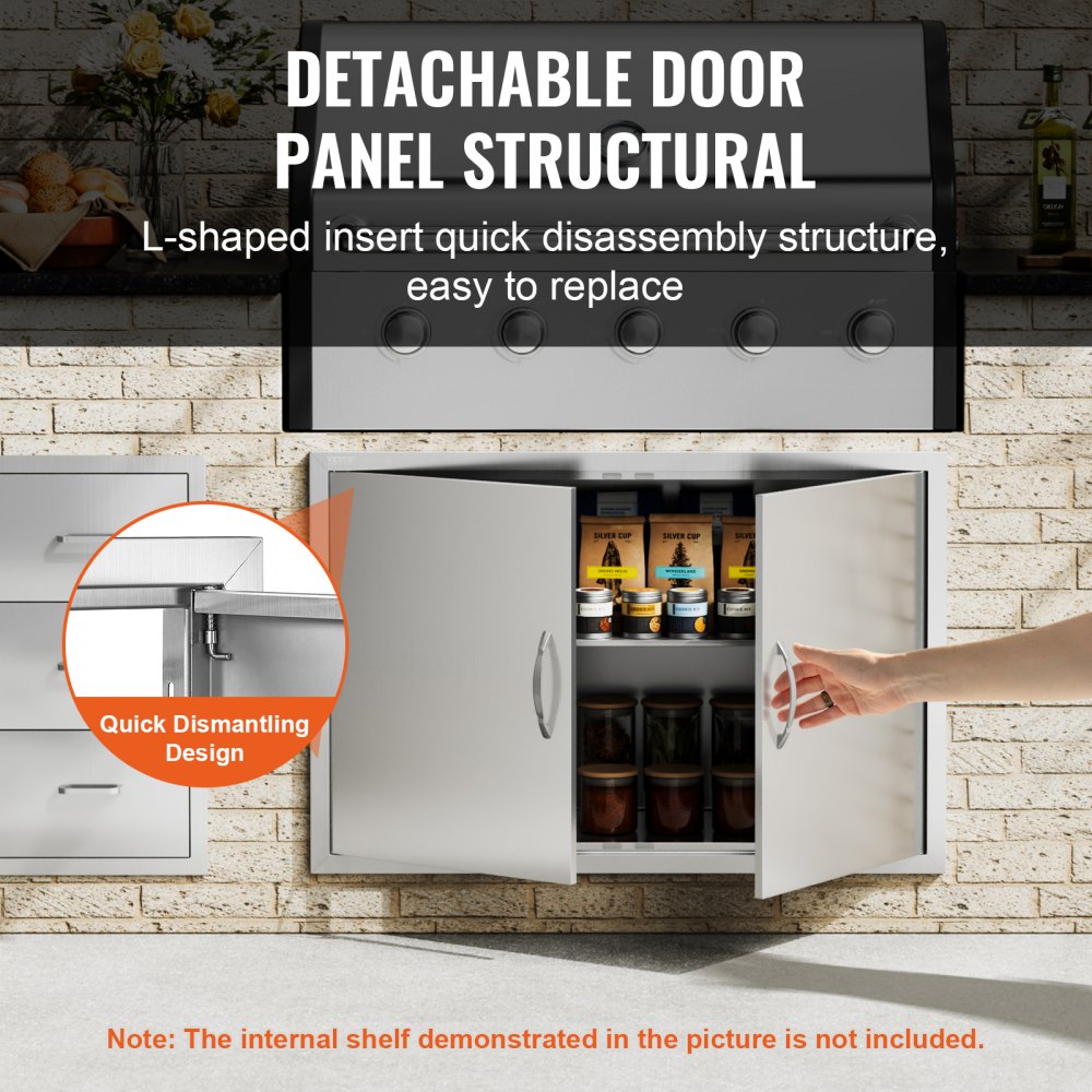 VEVOR BBQ Access Door, 990x660 mm Double Outdoor Kitchen Door, Stainless Steel Flush Mount Door, Wall Vertical Door with Handles and Hooks, for BBQ Island, Grilling Station, Outside Cabinet