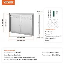 VEVOR BBQ Access Door, 39W x 26H Inch Double Outdoor Kitchen Door, Stainless Steel Flush Mount Door, Wall Vertical Door with Handles and Hooks, for BBQ Island, Grilling Station, Outside Cabinet