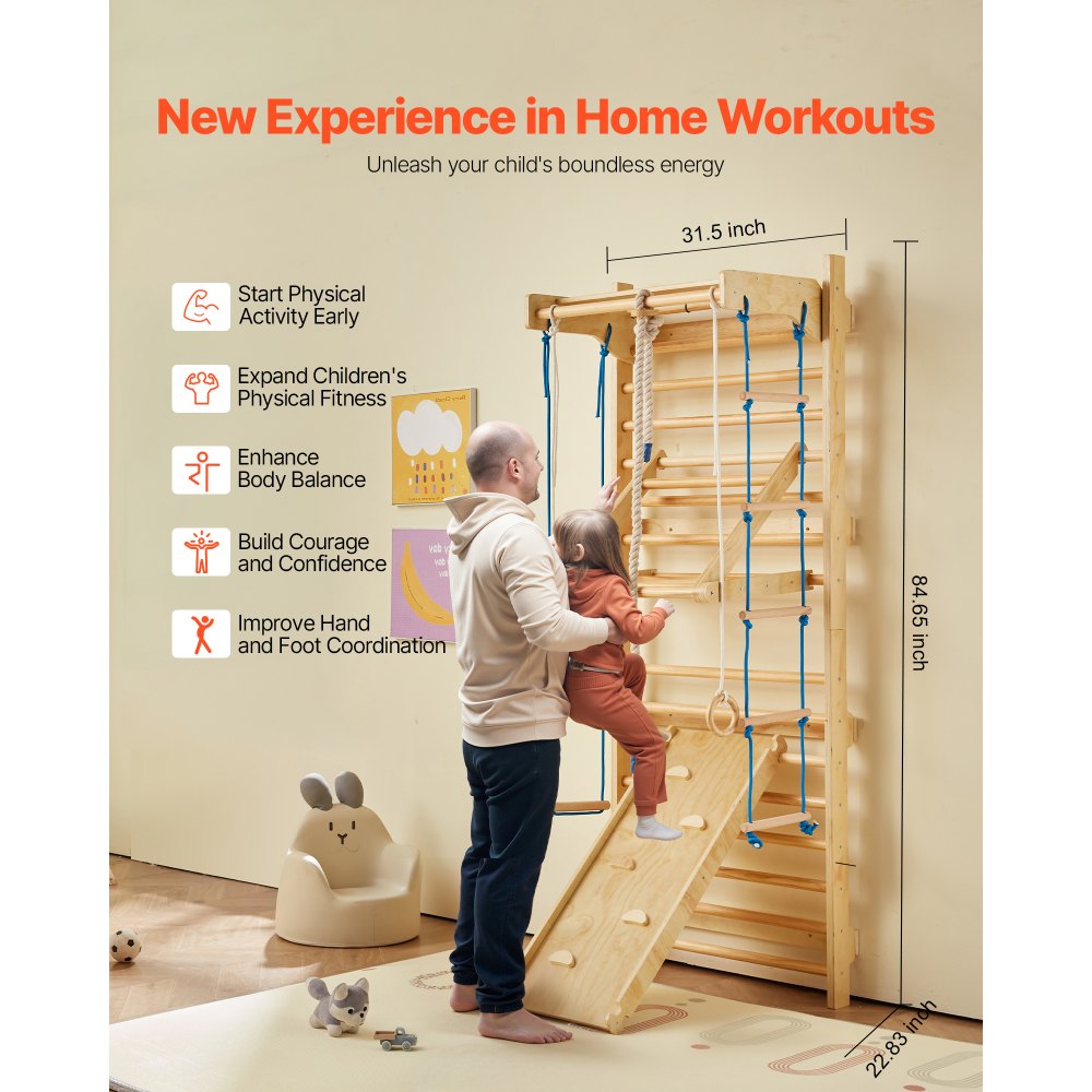 VEVOR Swedish Ladder Wall Gym, 8-in-1 15 Levels Solid Wood Indoor Jungle Gym, 220LBS Wall Stall Bars Climbing Playset with Wall Ladder, Slide Board, Pull-Up Bar, Gym Rings, Swing Seat, Rope Ladder