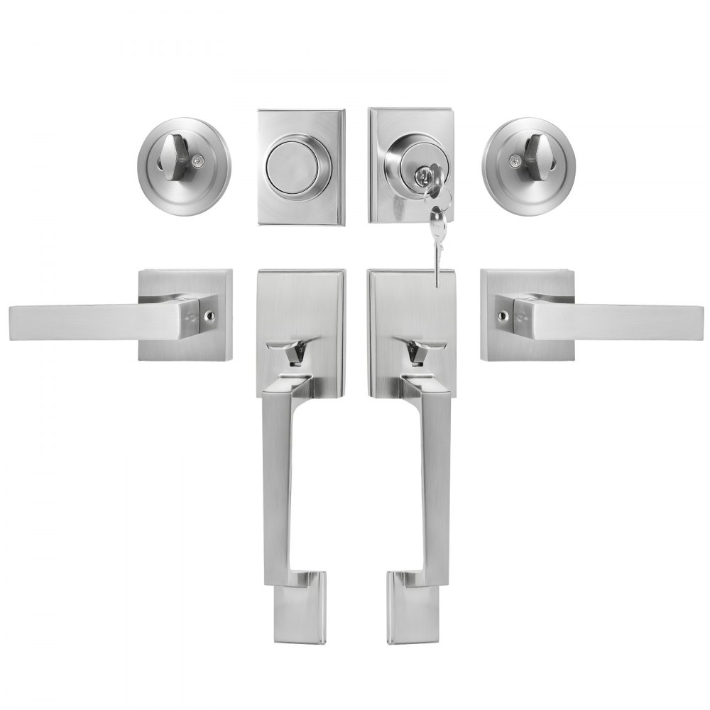 Set de mânere duble pentru ușă VEVOR, set de încuietori dublu pentru uşă cu mâner reversibil, pârghie de uşă pătrată din nichel satinat, set de mânere dublu pentru ușă frontală cu manechin, pentru ușa din față sau ușa biroului