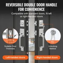 VEVOR Double Door Handle Set, Satin Nickel Square Door Lever, Heavy Duty Double Front Door Handle Set with Dummy, Double Door Lock Set with Reversible Handle Lever, for Front Door or Office Door