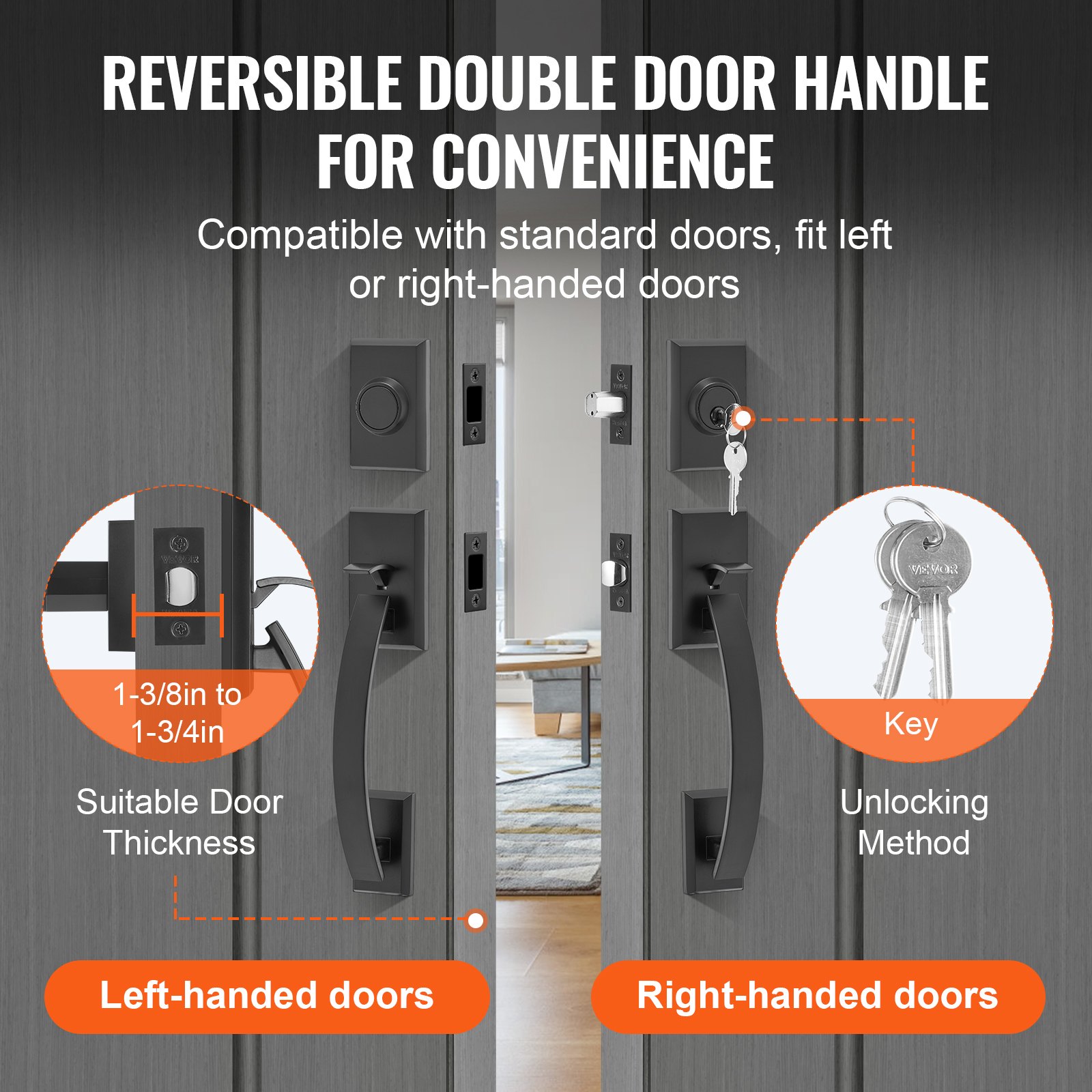 VEVOR Double Door Handle Set, Matte Black Arched Door Lever, Double Front Door Handle Set with Reversible Handle Lever, Heavy Duty Double Door Lock Set with Dummy, for Office Door or Front Door