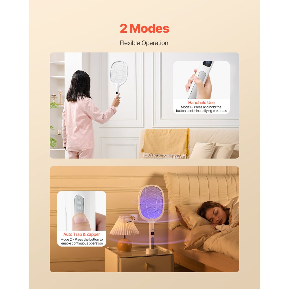 VEVOR Electric Fly Swatter, Zapper Racket with 3 Layers Mesh & Digital Screen Display, Dual Modes Fly Killer with 1500mAh Battery Rechargeable for Home, Bedroom, Kitchen and Patio, White