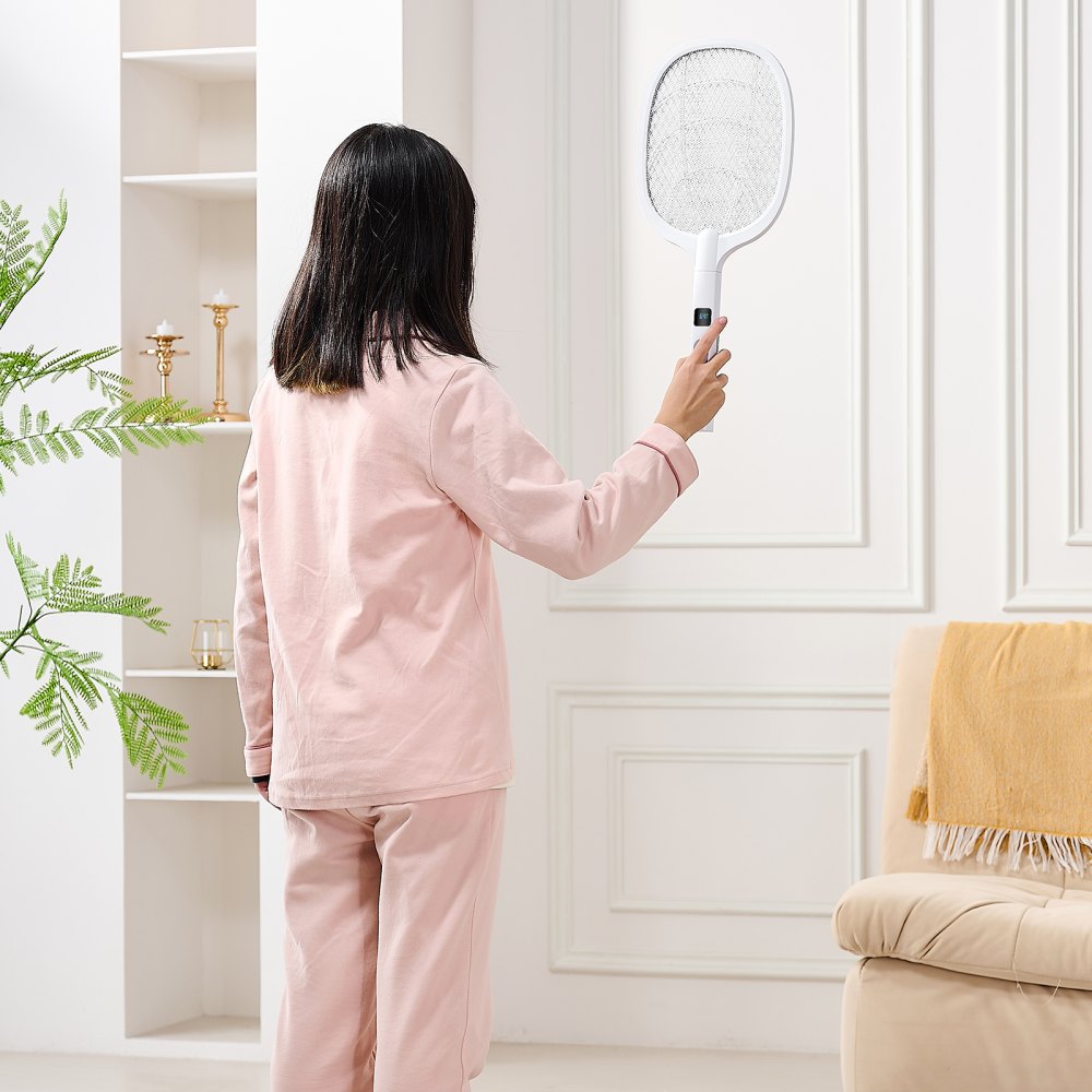 VEVOR Electric Fly Swatter, Zapper Racket with 3 Layers Mesh & Digital Screen Display, Dual Modes Fly Killer with 1500mAh Battery Rechargeable for Home, Bedroom, Kitchen and Patio, White