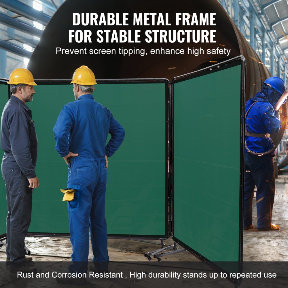 VEVOR Welding Screen with Frame, 6' x 6' 3 Panel Welding Curtain Screens, Flame-Resistant Vinyl Welding Protection Screen on 12 Swivel Wheels (6 Lockable), Moveable & Professional for Workshop, Green
