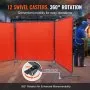 VEVOR Welding Screen with Frame, 1.8 x 1.8 m 3 Panel Welding Curtain Screens, Flame-Resistant Vinyl Welding Protection Screen on 12 Swivel Wheels (6 Lockable), Moveable & Professional for Workshop, Red