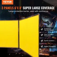 VEVOR Welding Screen with Frame, 6' x 8' 3 Panel Welding Curtain Screens, Flame-Resistant Vinyl Welding Protection Screen on 12 Swivel Wheels (6 Lockable), Moveable & Professional for Workshop, Yellow