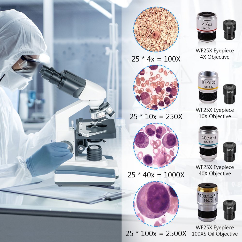 VEVOR Binocular Compound Microscope 40X-2000X Magnification LED Digital Compound Microscope, Research-Grade Microscope w/ Wide-Field 10X and 20X Eyepieces, 3MP Camera, Double Layer Mechanical Stage
