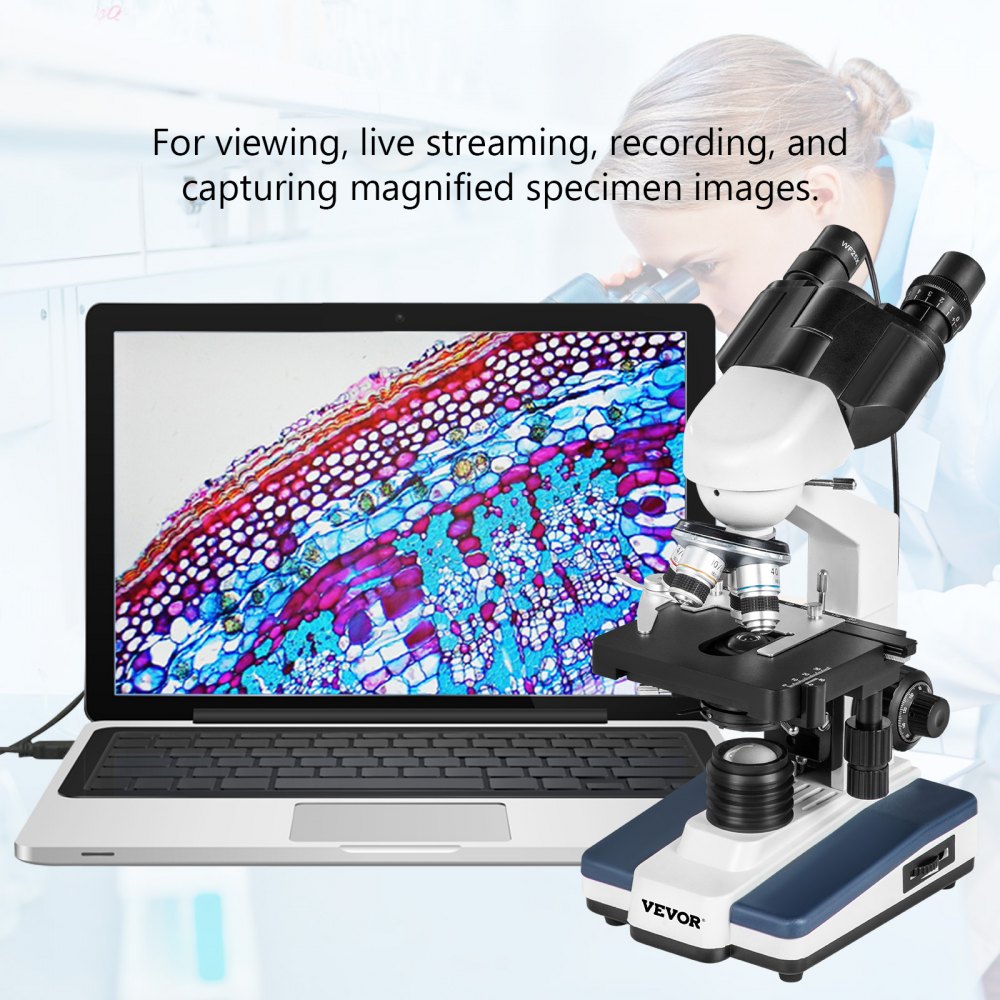VEVOR Binocular Compound Microscope 40X-2000X Magnification LED Digital Compound Microscope, Research-Grade Microscope w/ Wide-Field 10X and 20X Eyepieces, 3MP Camera, Double Layer Mechanical Stage