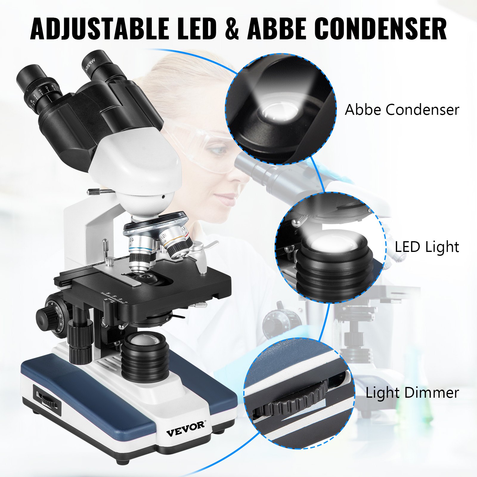 VEVOR Binocular Compound Microscope 40X-2000X Magnification LED Digital Compound Microscope, Research-Grade Microscope w/ Wide-Field 10X and 20X Eyepieces, 3MP Camera, Double Layer Mechanical Stage