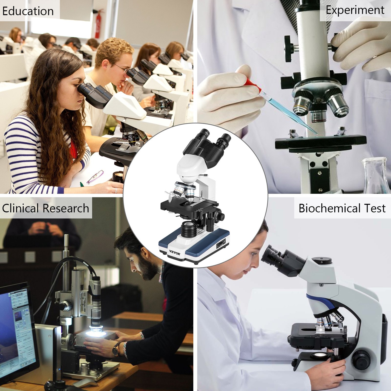 VEVOR Binocular Compound Microscope 40X-2000X Magnification LED Digital Compound Microscope, Research-Grade Microscope w/ Wide-Field 10X and 20X Eyepieces, 3MP Camera, Double Layer Mechanical Stage