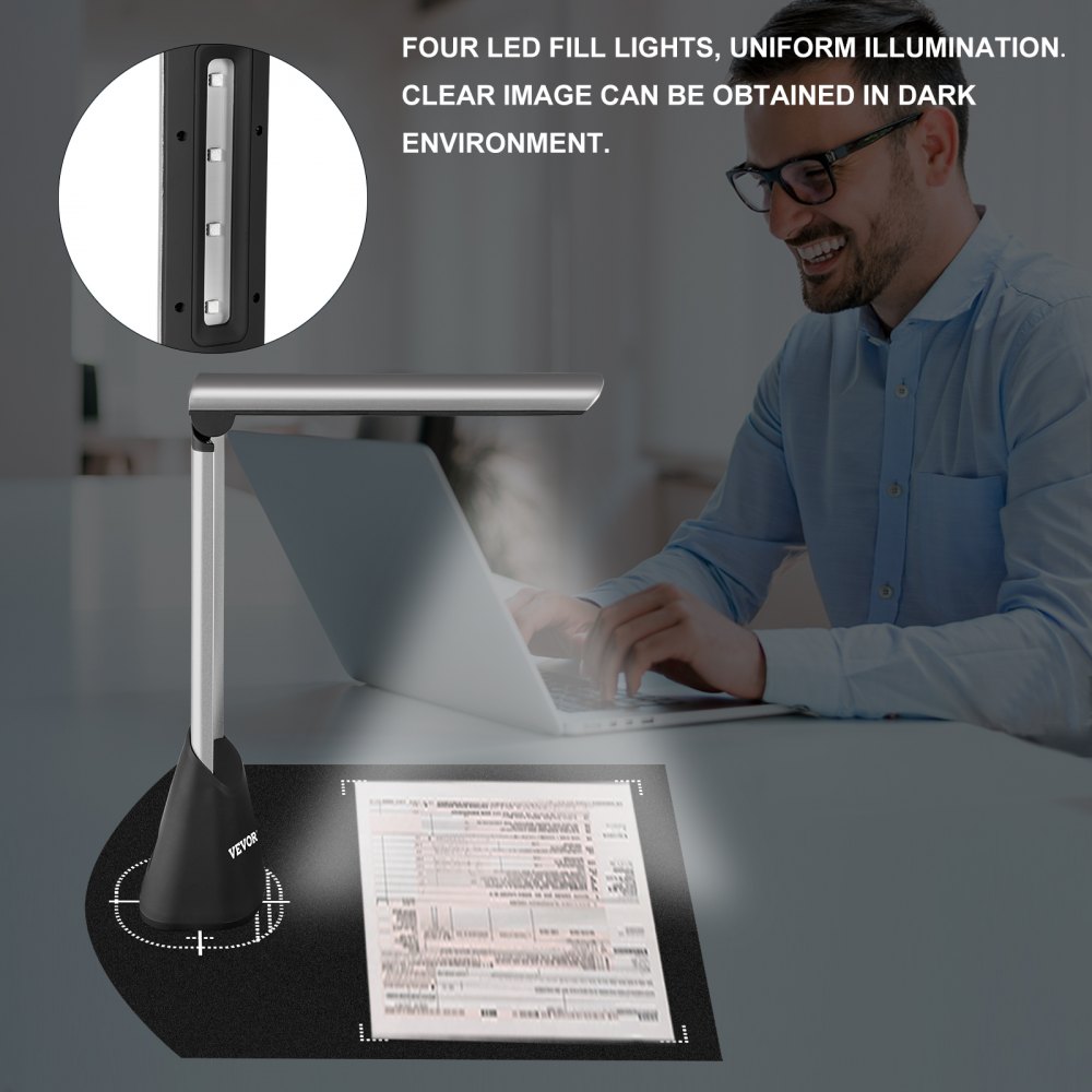 VEVOR Document Camera for Teachers A4 Scanning Size Book Scanner 5 Mega-Pixel Lens Book & Document Scanner w/ LED Lights Portable Scanner for Teacher OCR Function for Classroom Online Teaching Office