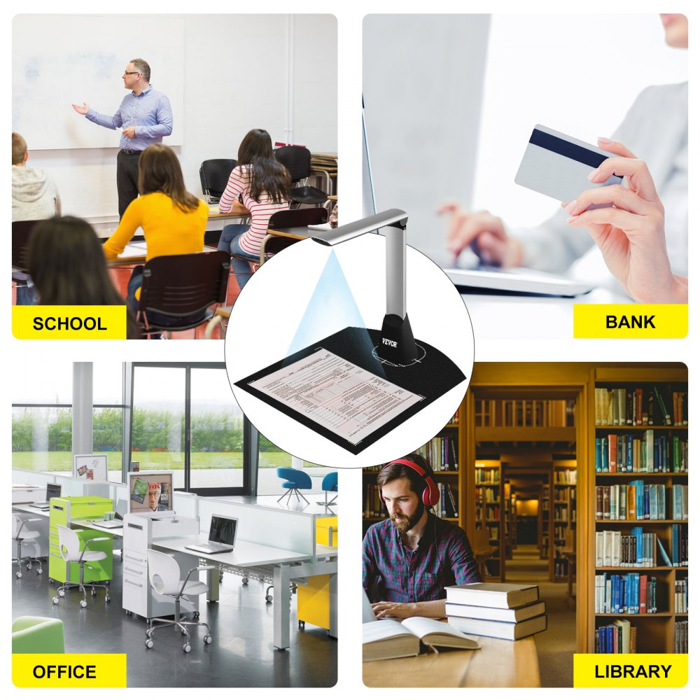 VEVOR Document Camera for Teachers A4 Scanning Size Book Scanner 5 Mega-Pixel Lens Book & Document Scanner w/ LED Lights Portable Scanner for Teacher OCR Function for Classroom Online Teaching Office