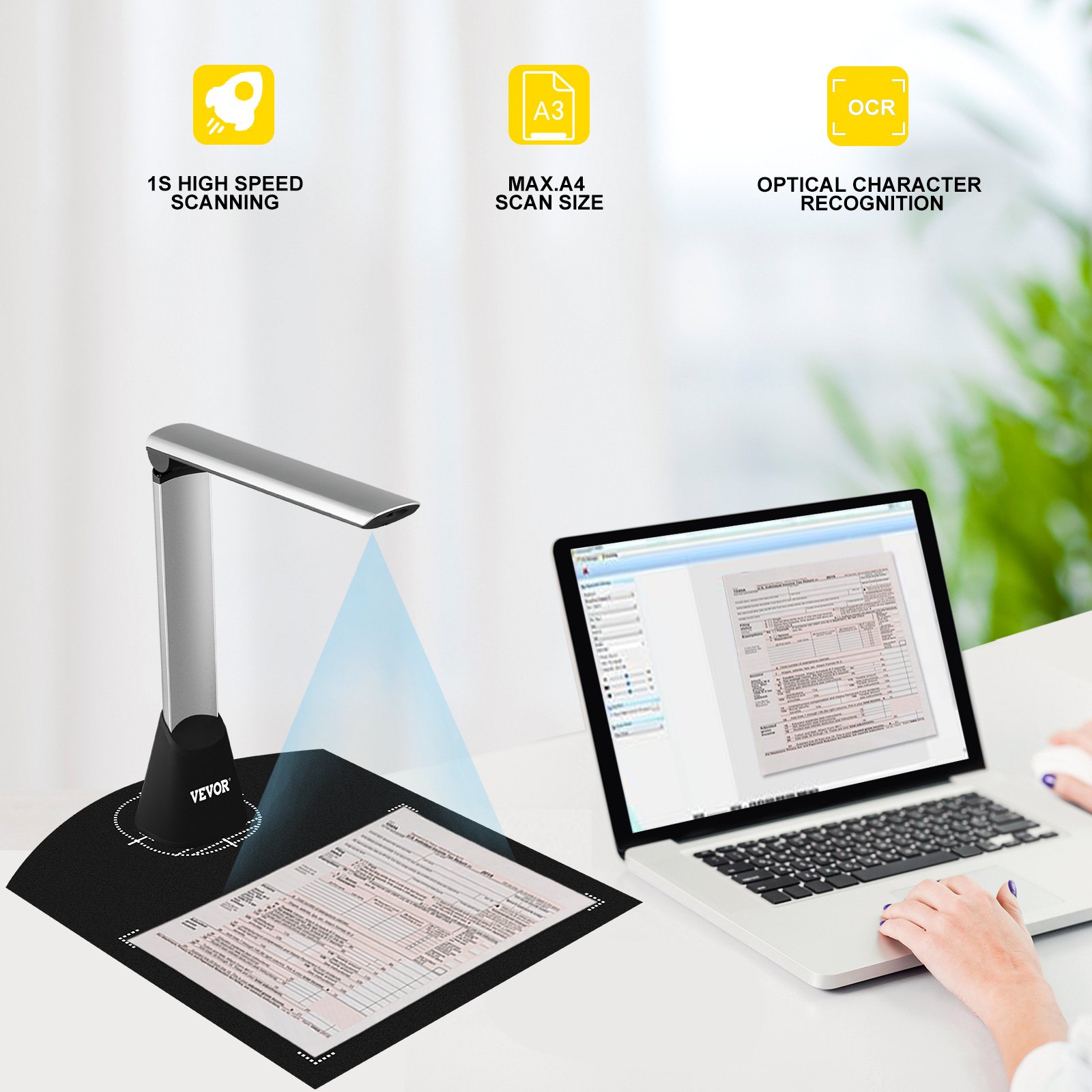 VEVOR Document Camera for Teachers A4 Scanning Size Book Scanner 5 Mega-Pixel Lens Book & Document Scanner w/ LED Lights Portable Scanner for Teacher OCR Function for Classroom Online Teaching Office