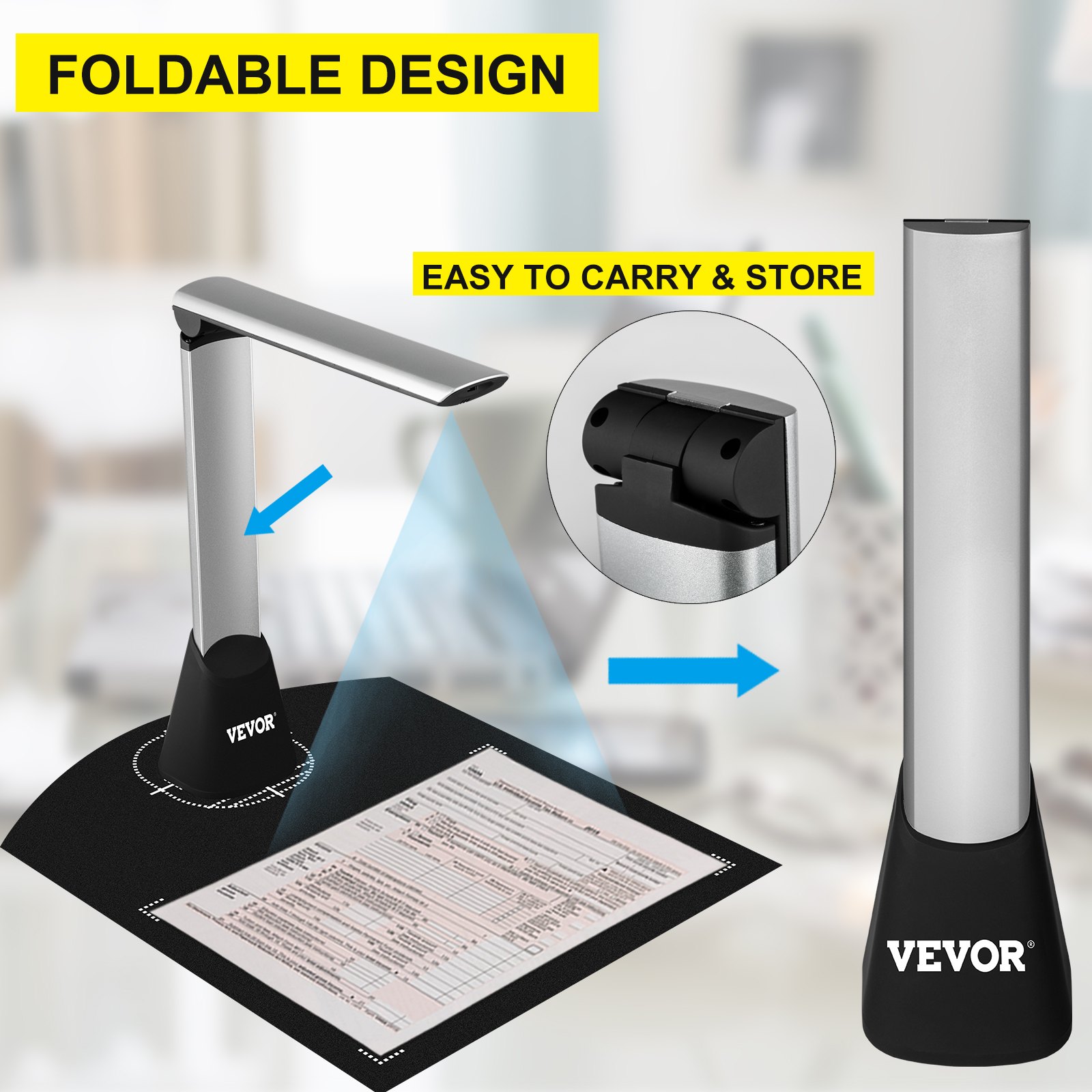 VEVOR Document Camera for Teachers A4 Scanning Size Book Scanner 5 Mega-Pixel Lens Book & Document Scanner w/ LED Lights Portable Scanner for Teacher OCR Function for Classroom Online Teaching Office