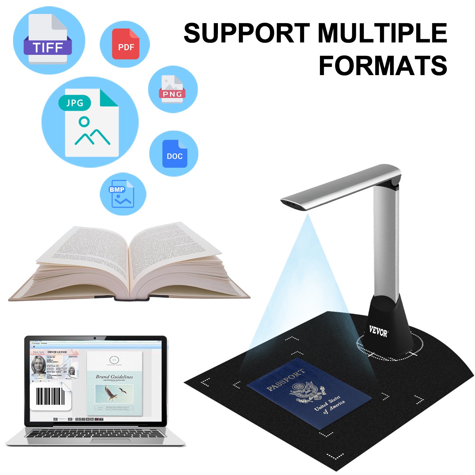 VEVOR Document Camera for Teachers A4 Scanning Size Book Scanner 5 Mega-Pixel Lens Book & Document Scanner w/ LED Lights Portable Scanner for Teacher OCR Function for Classroom Online Teaching Office