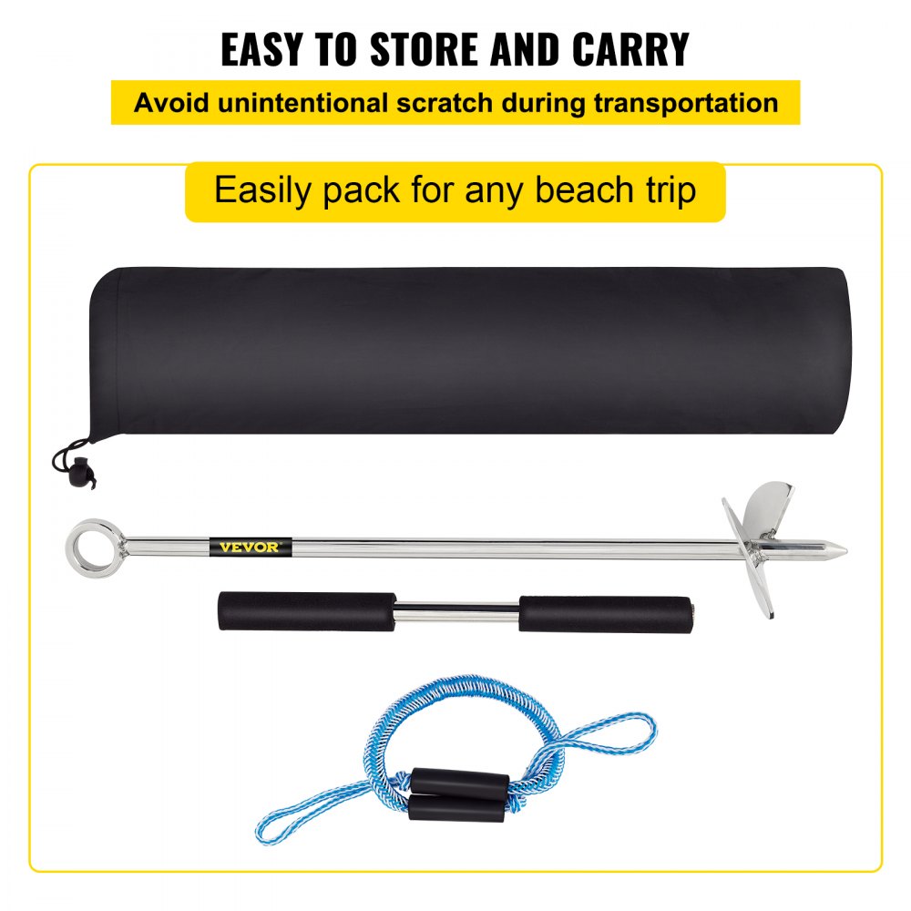 VEVOR sand anchor with carry bag, metal pole, handle, and blue rope for easy transport.