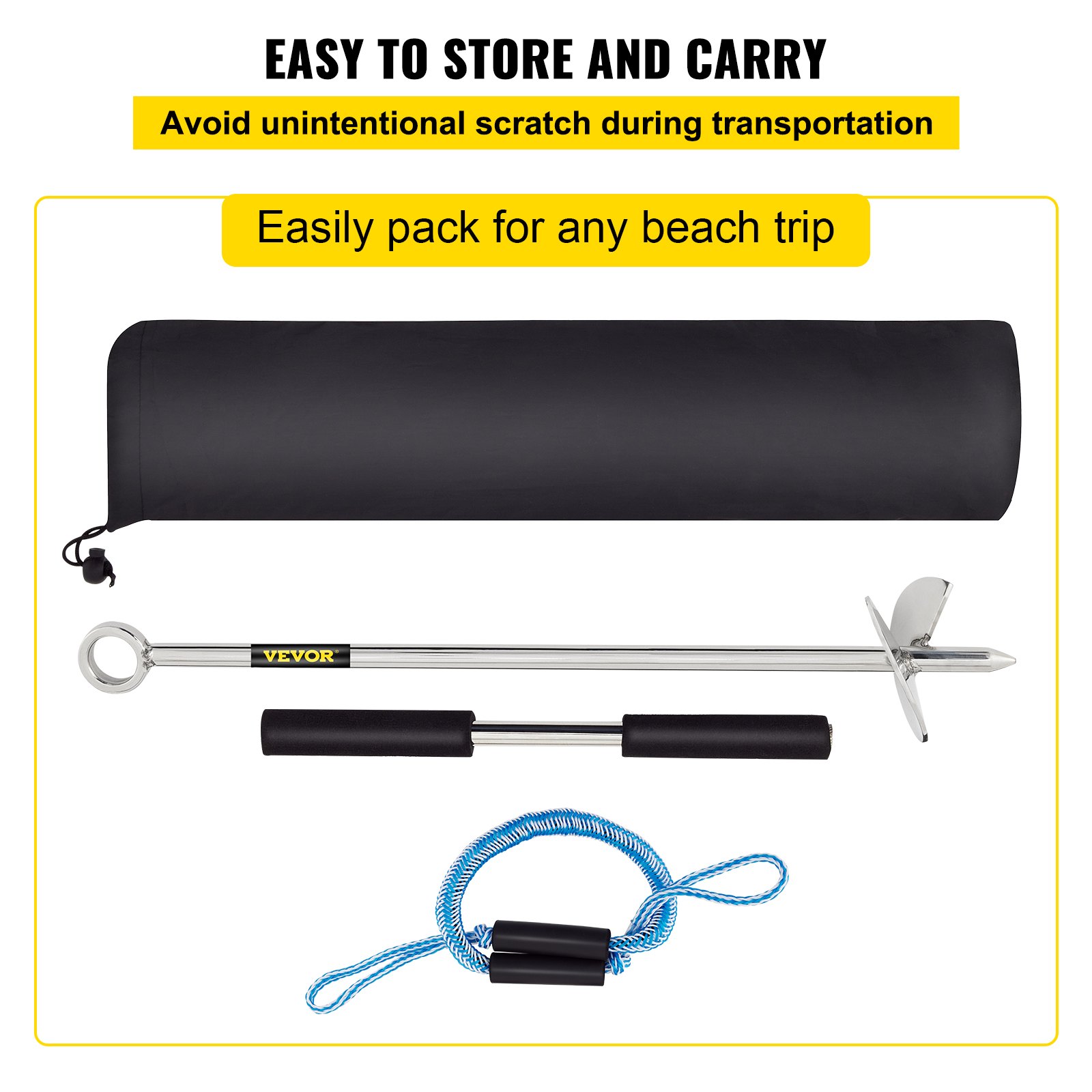 VEVOR sand anchor with carry bag, metal pole, handle, and blue rope for easy transport.