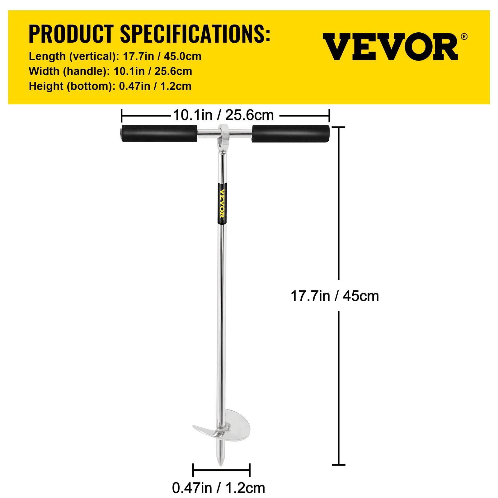 VEVOR sand anchor dimensions with black handles and a gray auger-style base.