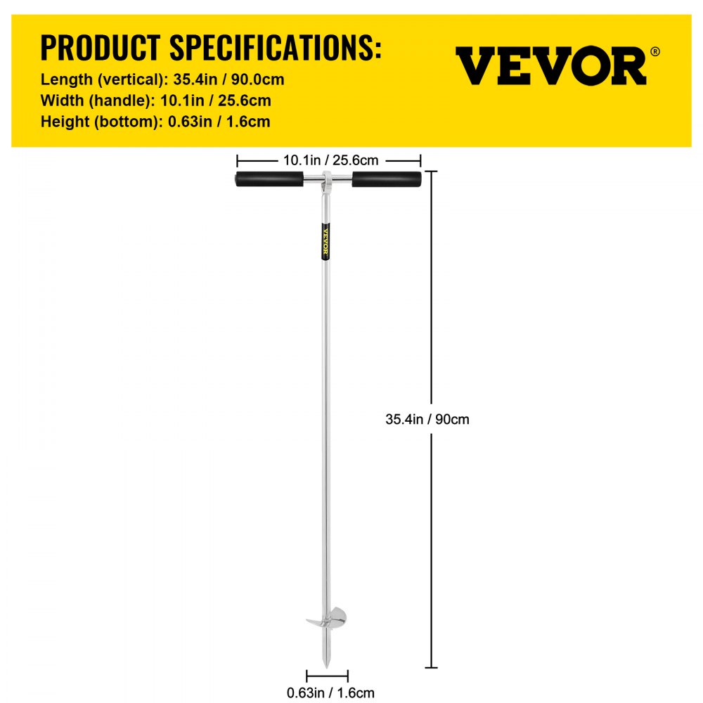 VEVOR sand anchor product dimensions: length 35.4in, width 10.1in, height 0.63in.