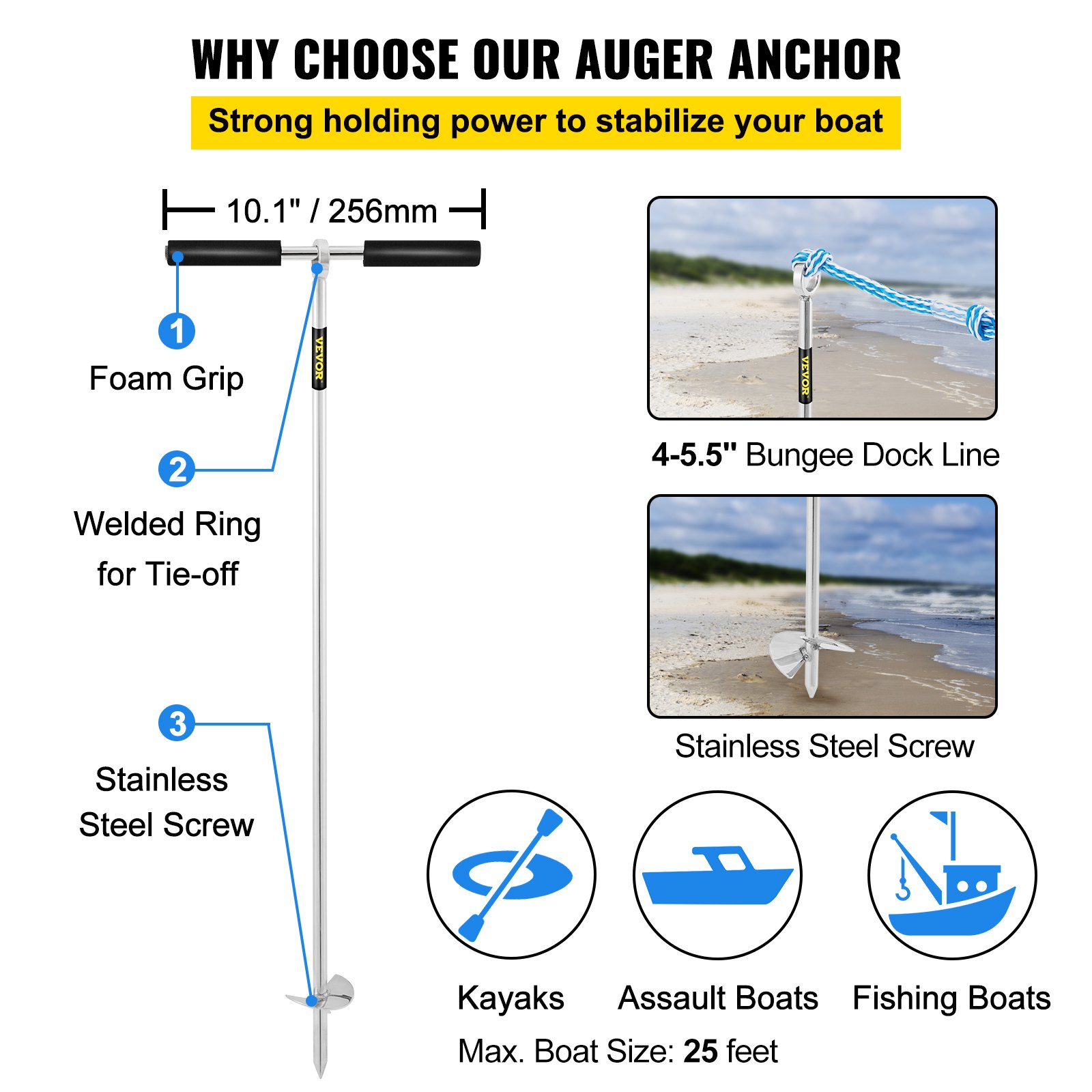 VEVOR sand anchor with foam grip, bungee dock line, welded ring, and steel screw.