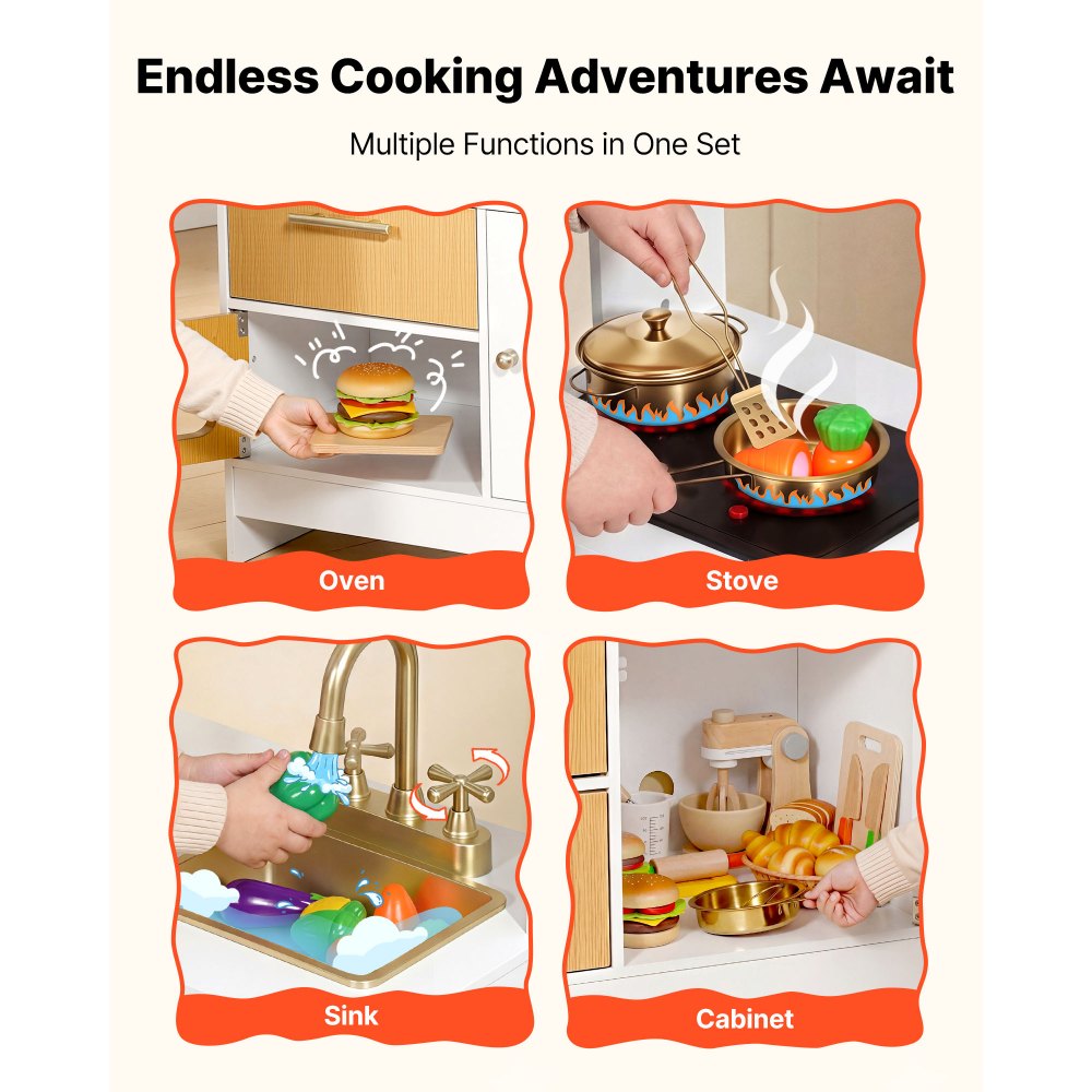 VEVOR Play Kitchen for Kids, Wooden, Kids Kitchen Playset with Real Lights & Sounds, Food & Cookware Accessories, Pretend Play Toy Set, Sink, Oven, Stove, Cabinet, for Toddlers, Girls & Boys Ages 3-8