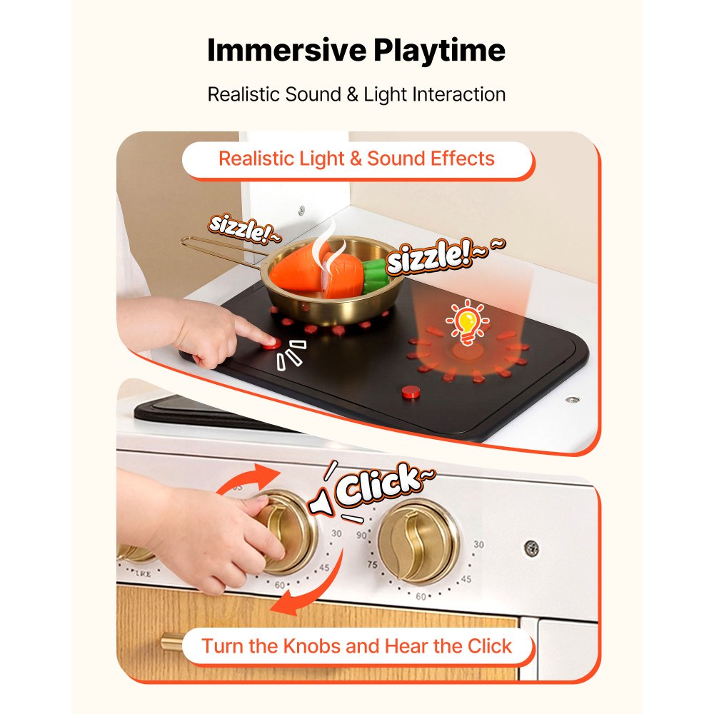 VEVOR Play Kitchen for Kids, Wooden, Kids Kitchen Playset with Real Lights & Sounds, Food & Cookware Accessories, Pretend Play Toy Set, Sink, Oven, Stove, Cabinet, for Toddlers, Girls & Boys Ages 3-8