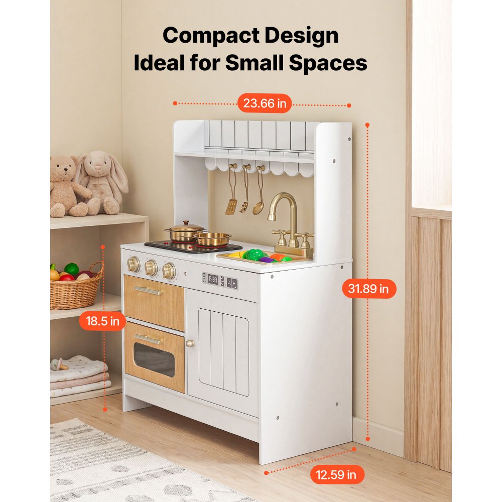 VEVOR Play Kitchen for Kids, Wooden, Kids Kitchen Playset with Real Lights & Sounds, Food & Cookware Accessories, Pretend Play Toy Set, Sink, Oven, Stove, Cabinet, for Toddlers, Girls & Boys Ages 3-8