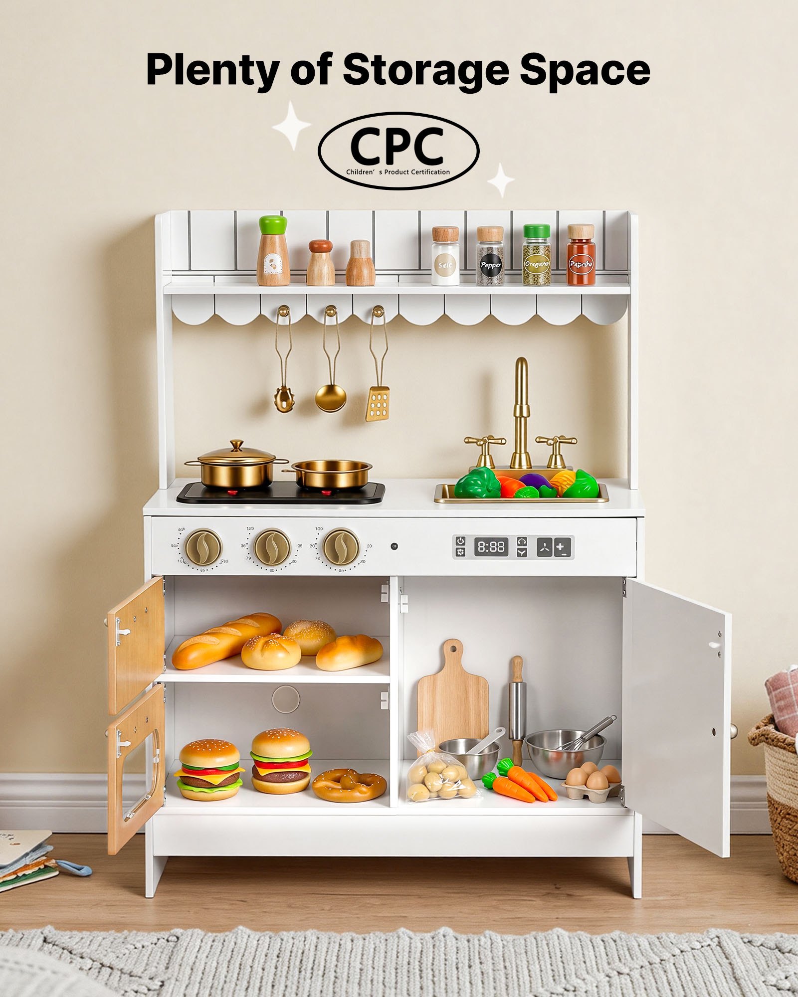 VEVOR Play Kitchen for Kids, Wooden, Kids Kitchen Playset with Real Lights & Sounds, Food & Cookware Accessories, Pretend Play Toy Set, Sink, Oven, Stove, Cabinet, for Toddlers, Girls & Boys Ages 3-8