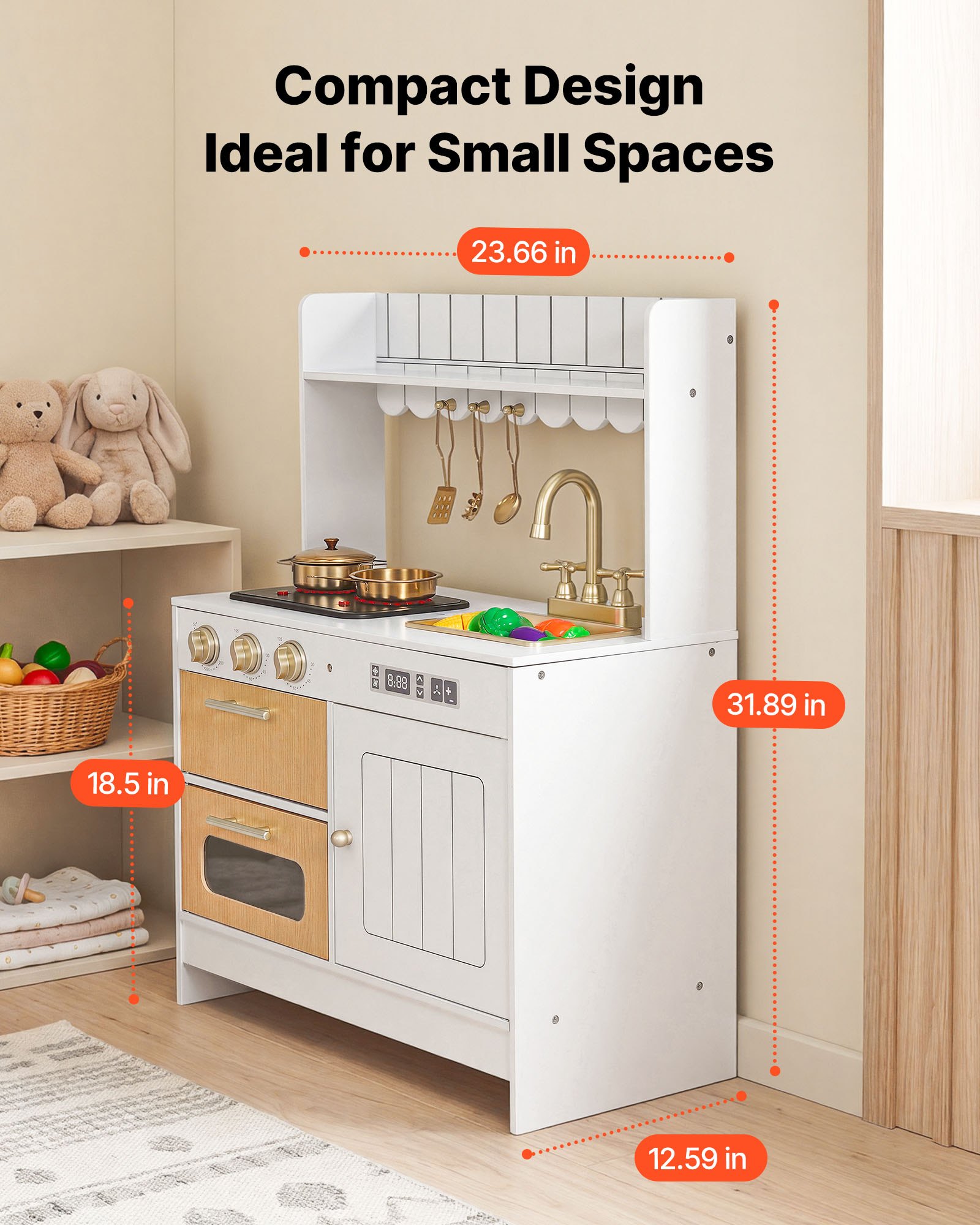 VEVOR Play Kitchen for Kids, Wooden, Kids Kitchen Playset with Real Lights & Sounds, Food & Cookware Accessories, Pretend Play Toy Set, Sink, Oven, Stove, Cabinet, for Toddlers, Girls & Boys Ages 3-8